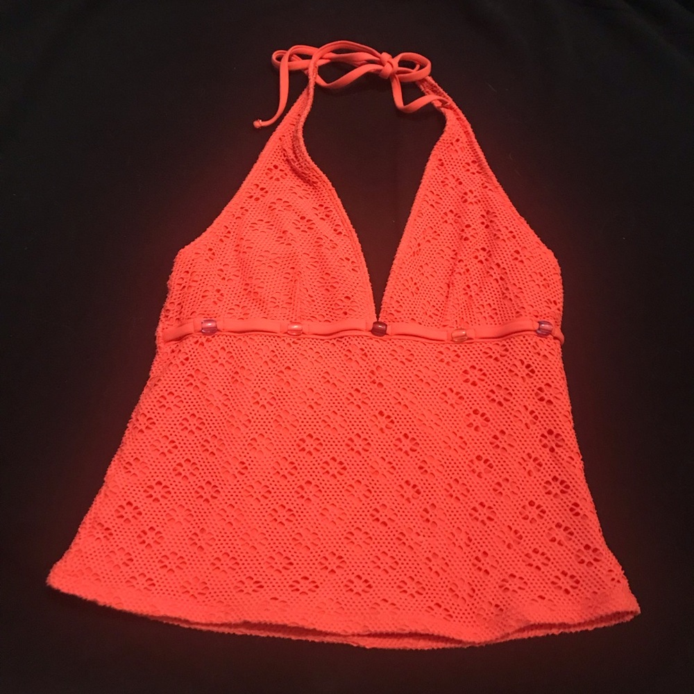 LaBlanca 12 crochet orange & beaded stretchy, like cut-outs lined halter top